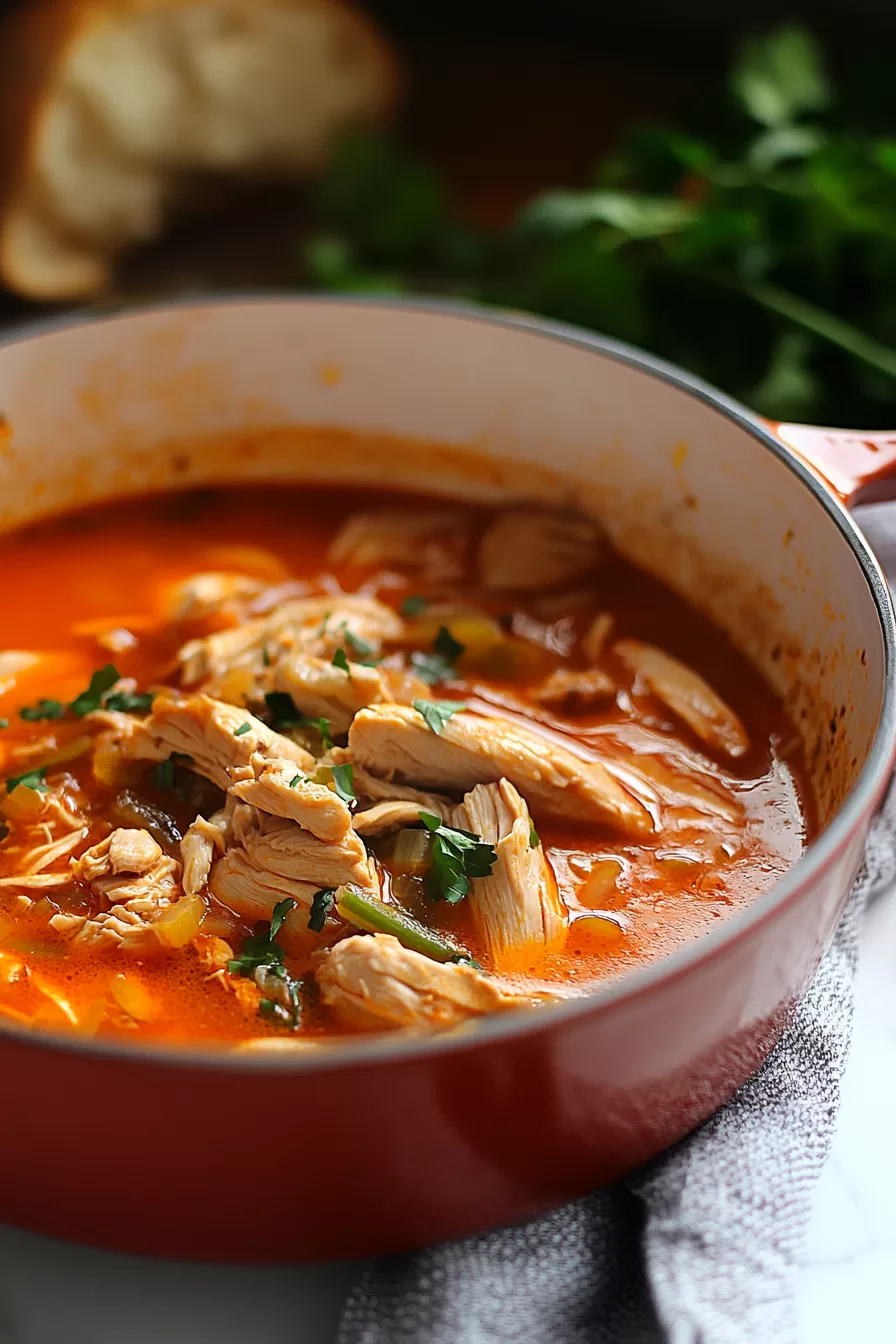 A serving of flavorful, rich red chicken soup in a deep pot, with visible herbs and chunks of tender chicken.