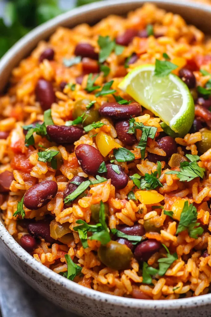 A close-up of a bowl filled with vibrant Spanish rice, kidney beans, and garnished with fresh cilantro and a lime wedge.