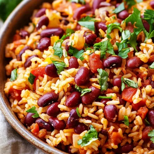 A hearty serving of Spanish rice and beans, topped with diced peppers and herbs, served in a rustic brown bowl.