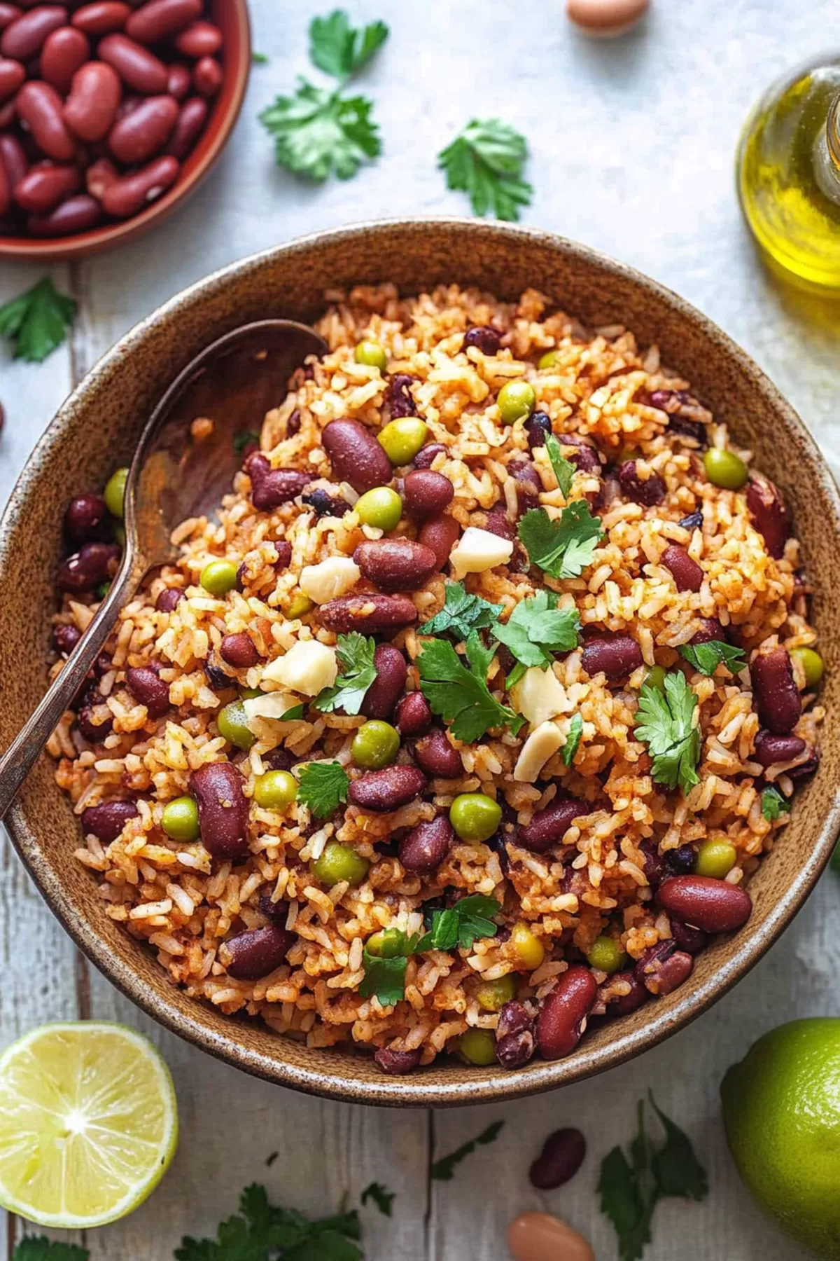 A detailed shot of Spanish rice and beans, featuring colorful ingredients like red beans, green olives, and parsley in a textured bowl.