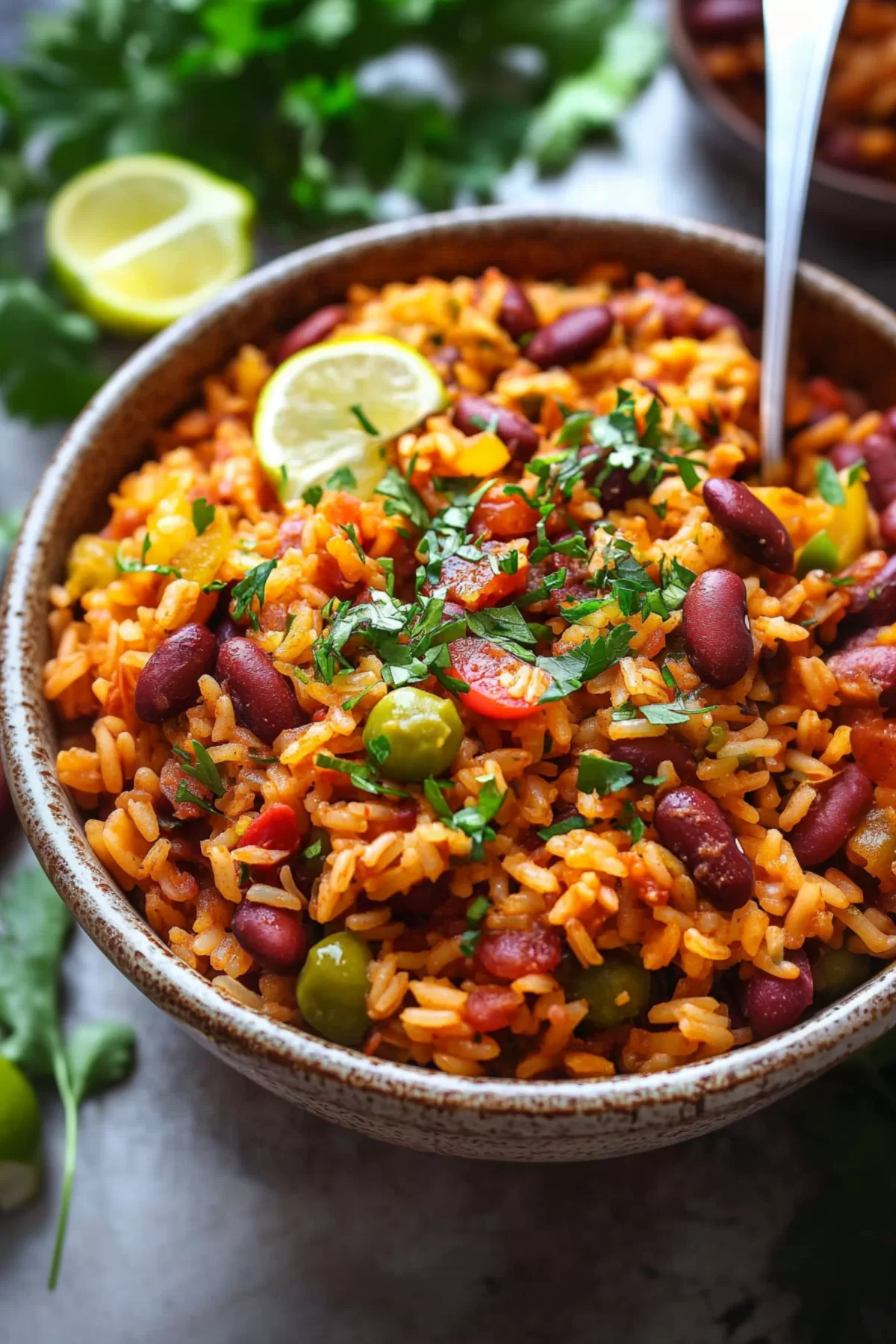 A bright, flavorful bowl of Spanish rice mixed with beans and garnished with fresh herbs, with a lime wedge on the side for added zest.