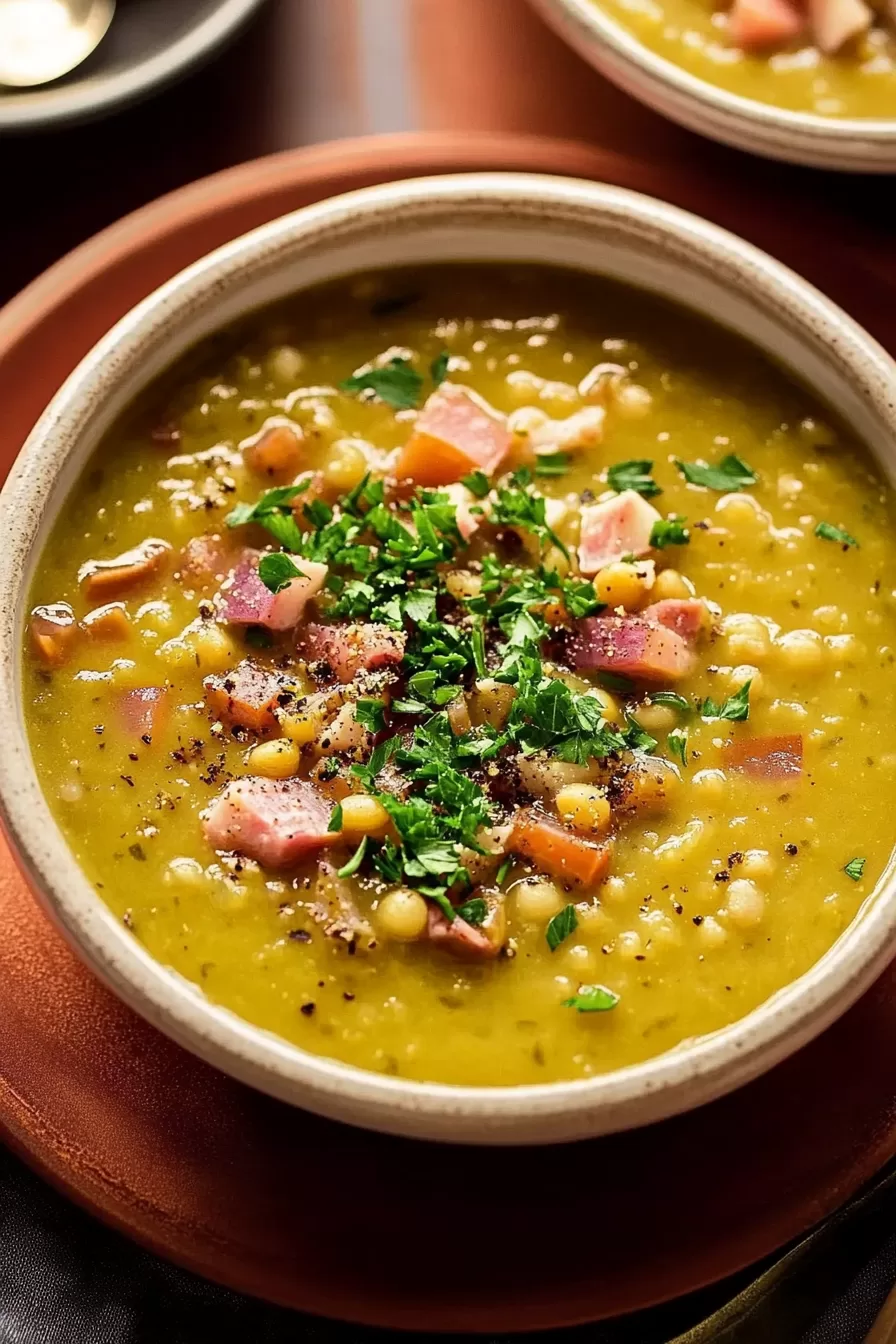 A comforting bowl of homemade soup garnished with fresh parsley and cracked black pepper.