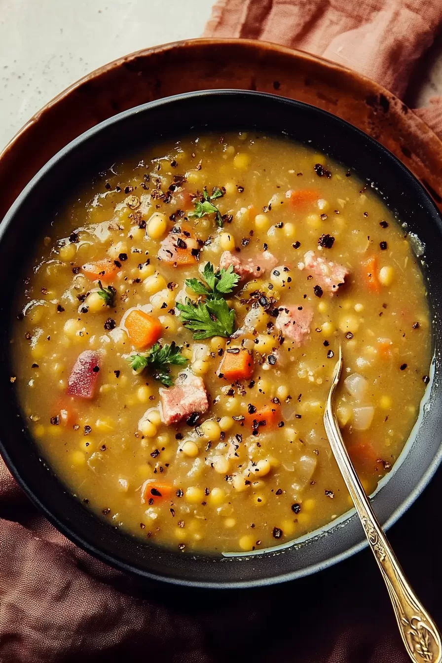 A spoonful of creamy, flavorful soup featuring tender ham and split peas.