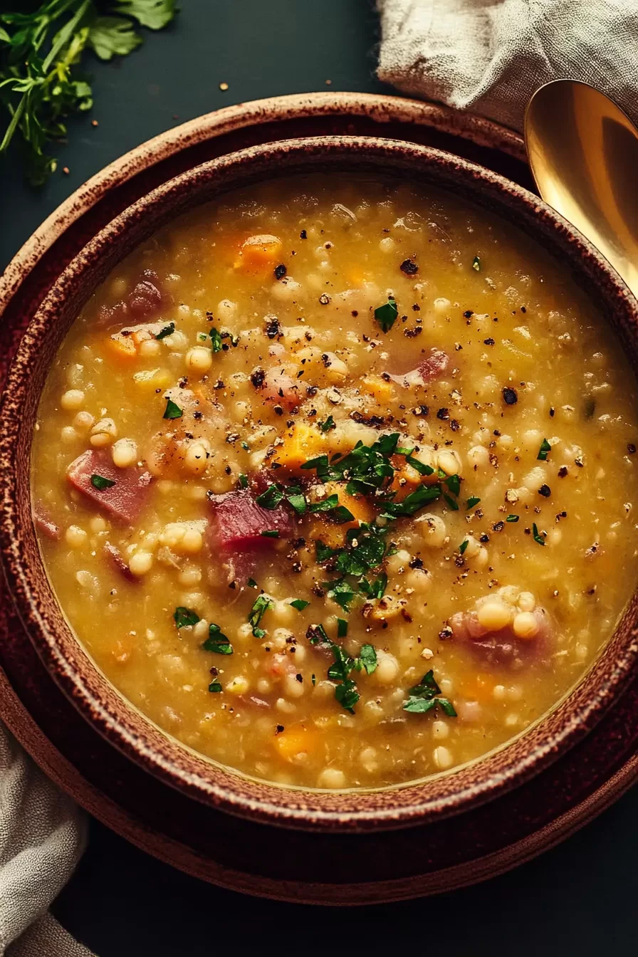 Close-up of a hearty soup with ham and vegetables, served in a rustic ceramic bowl.