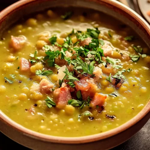 Rich and wholesome soup in a bowl, highlighting chunks of ham and vibrant vegetables.