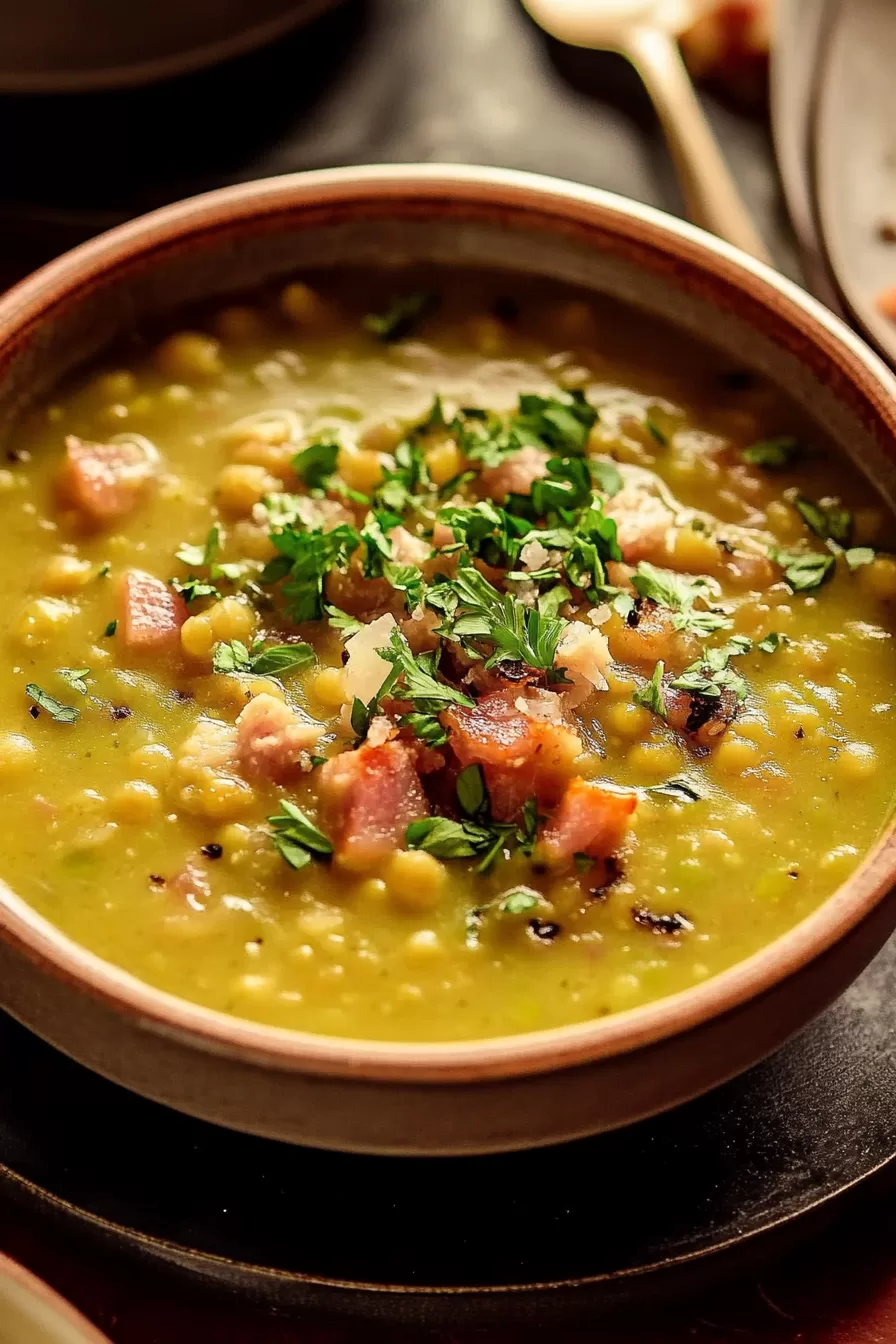 Rich and wholesome soup in a bowl, highlighting chunks of ham and vibrant vegetables.