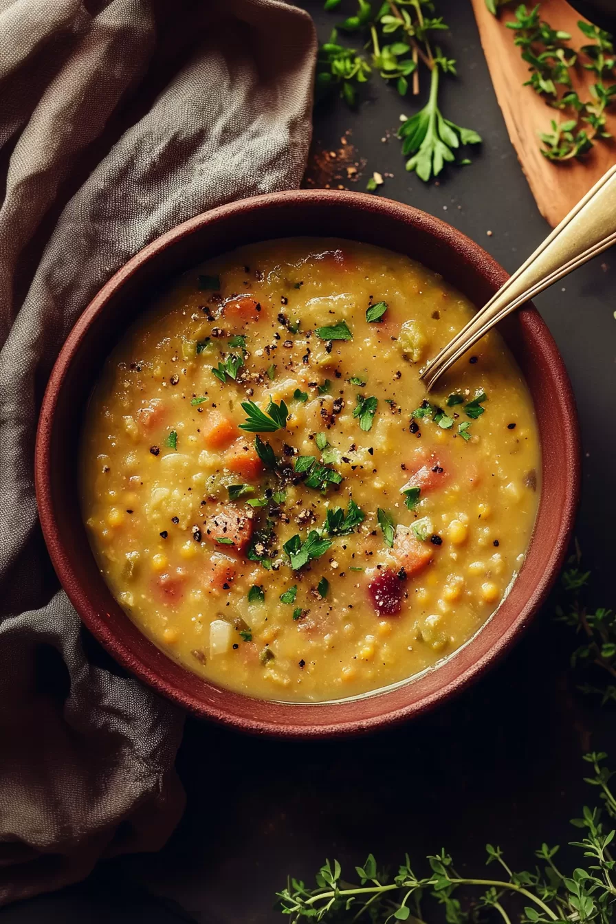 Warm and inviting split pea soup topped with herbs and served on a cozy table setting.