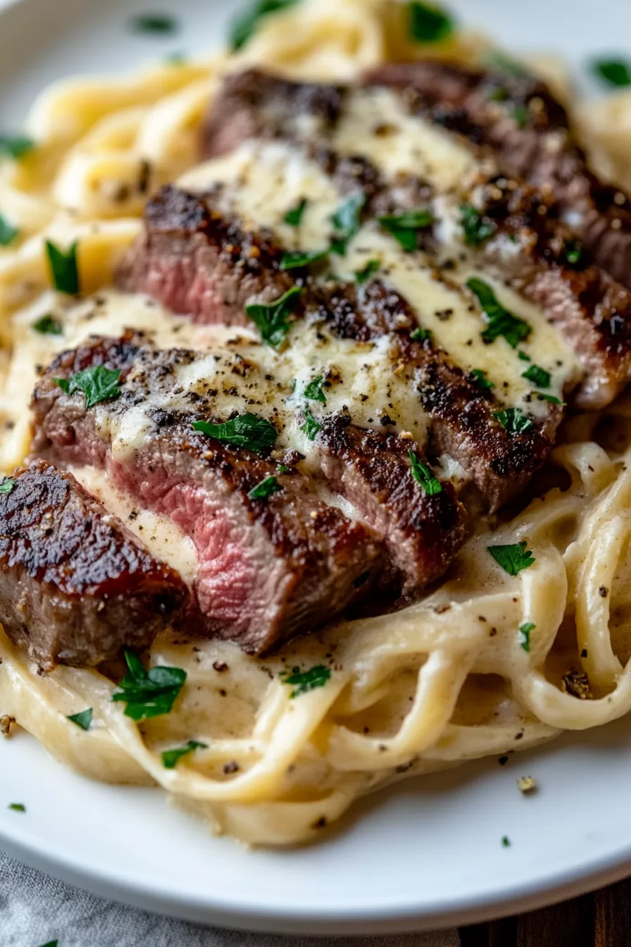 Tender steak slices over creamy fettuccine Alfredo, garnished with fresh parsley.