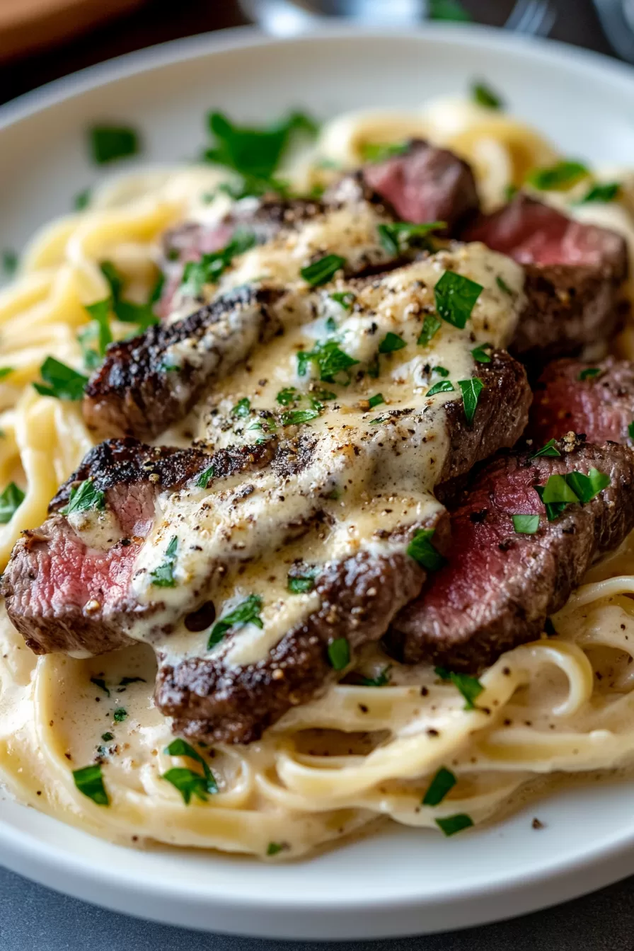 Close-up of juicy, seared steak drizzled with Gorgonzola sauce atop a bed of pasta.