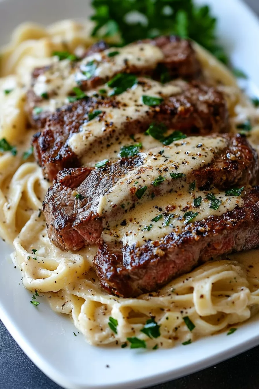 Elegant presentation of steak and Alfredo pasta on a white plate with a touch of greenery.