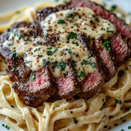 Rich and creamy Alfredo pasta paired with perfectly grilled steak slices, garnished with cracked pepper.