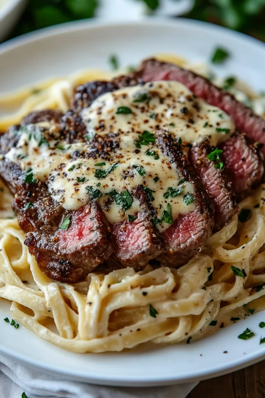 Rich and creamy Alfredo pasta paired with perfectly grilled steak slices, garnished with cracked pepper.