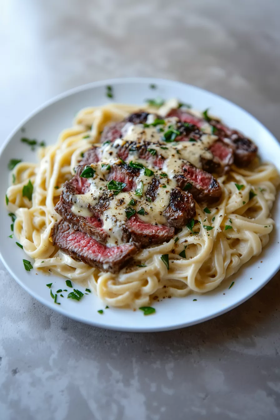 A hearty plate of Steak Gorgonzola Alfredo, with fresh herbs and a creamy cheese sauce.