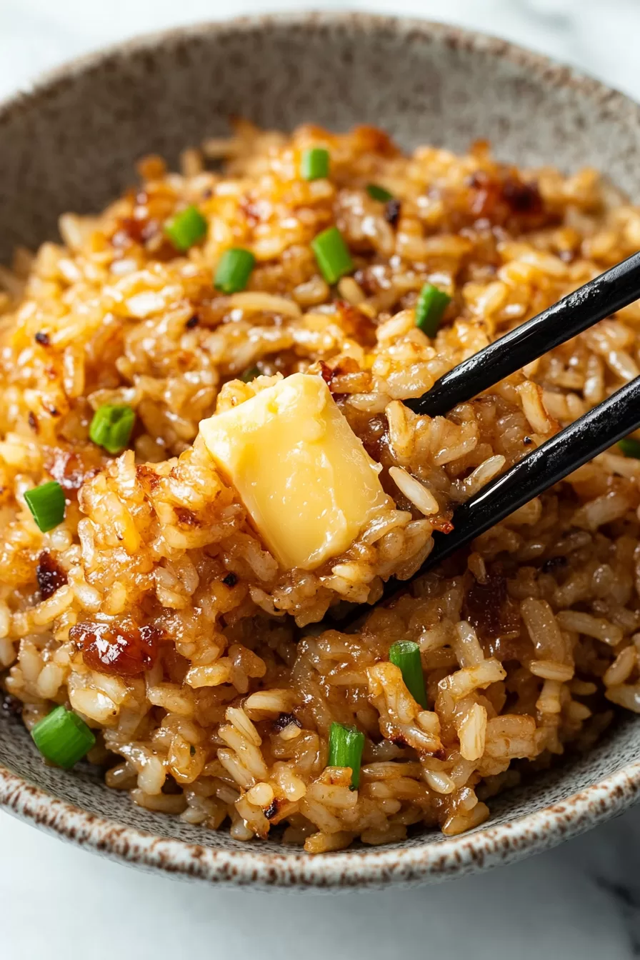 Fluffy rice with caramelized edges and a pat of butter melting on top.