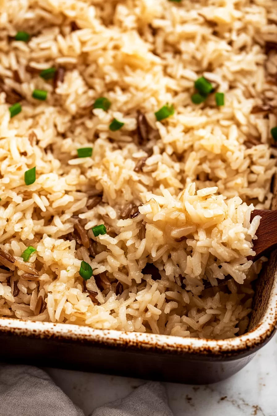 Close-up of buttery rice garnished with chopped green onions in a textured ceramic bowl.