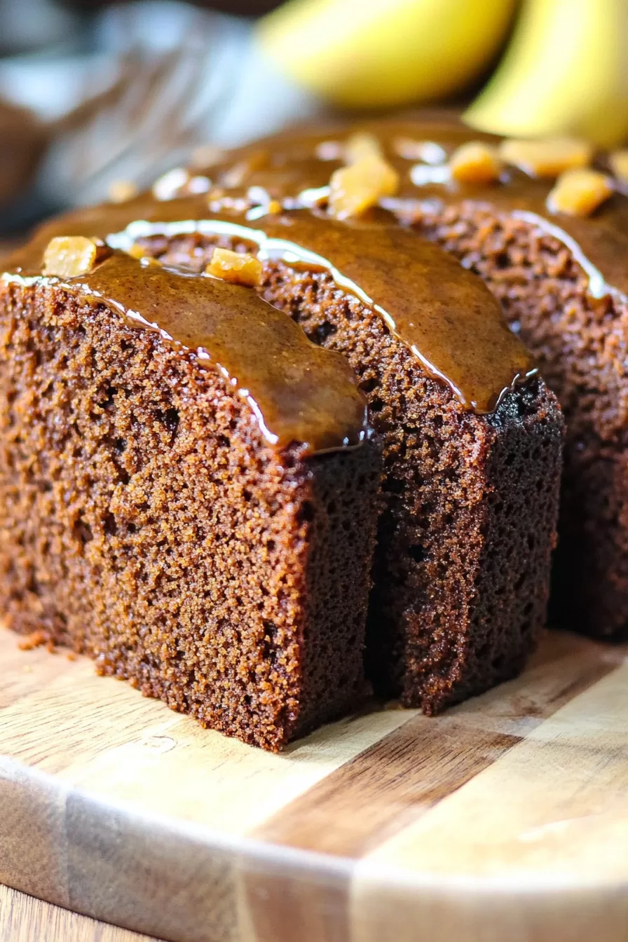 Close-up of a moist Jamaican ginger cake drizzled with a sticky glaze on a wooden cutting board.