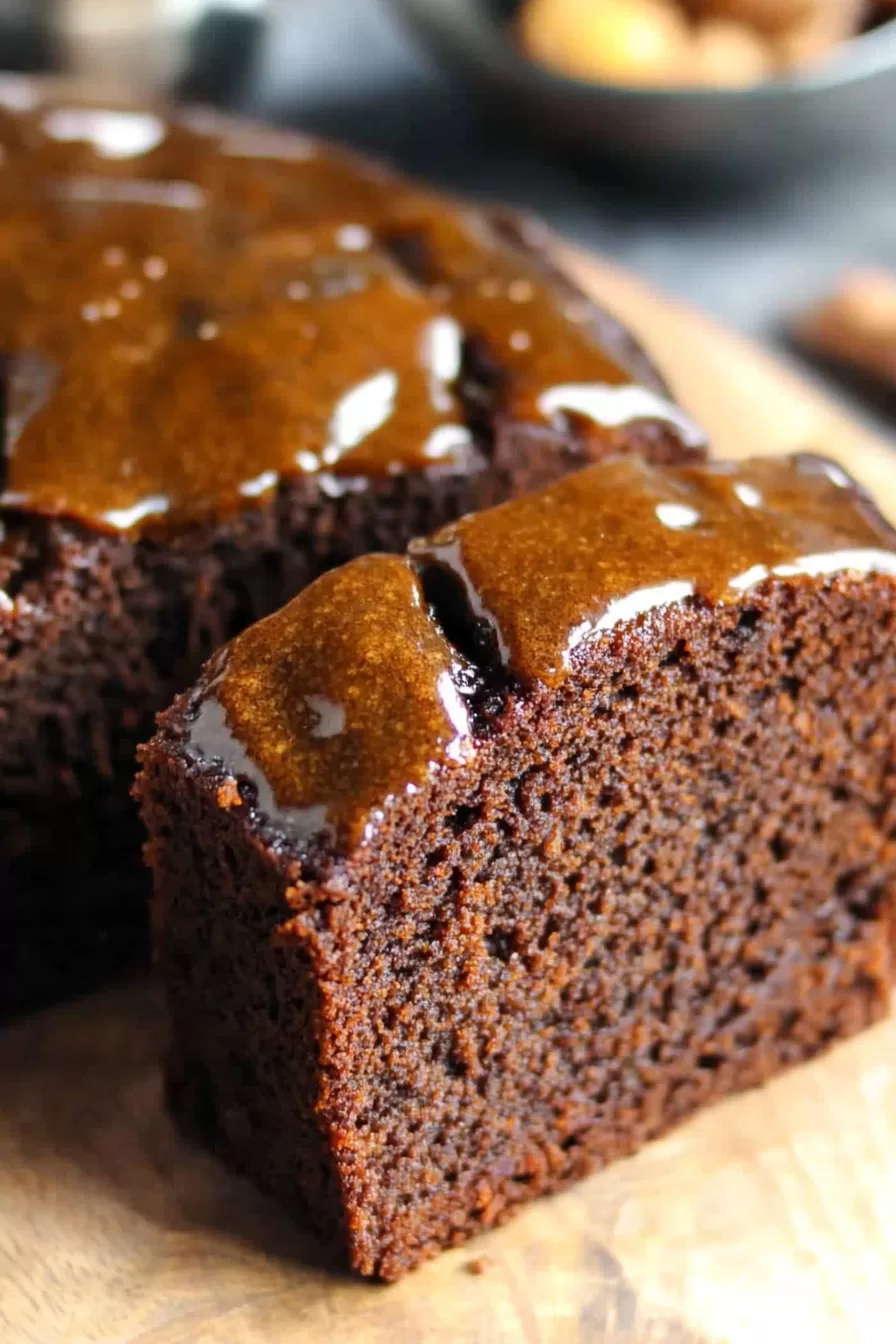 A slice of sticky ginger cake showcasing its rich texture and glossy glaze, perfect for a cozy dessert.