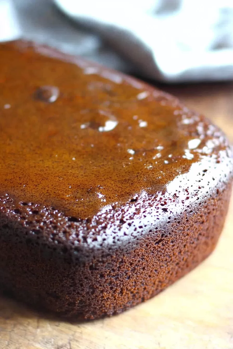 Whole Jamaican ginger cake with a shiny glaze, ready to be sliced and served for tea time.