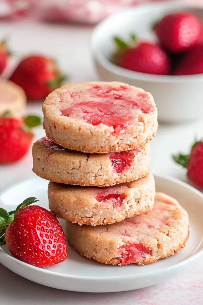 Four strawberry shortbread cookies stacked elegantly on a white plate, surrounded by whole strawberries.