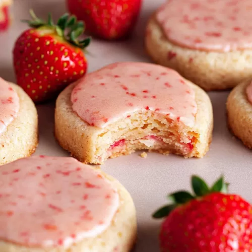 A bite taken from a strawberry shortbread cookie, showing the soft and crumbly interior alongside fresh strawberries.