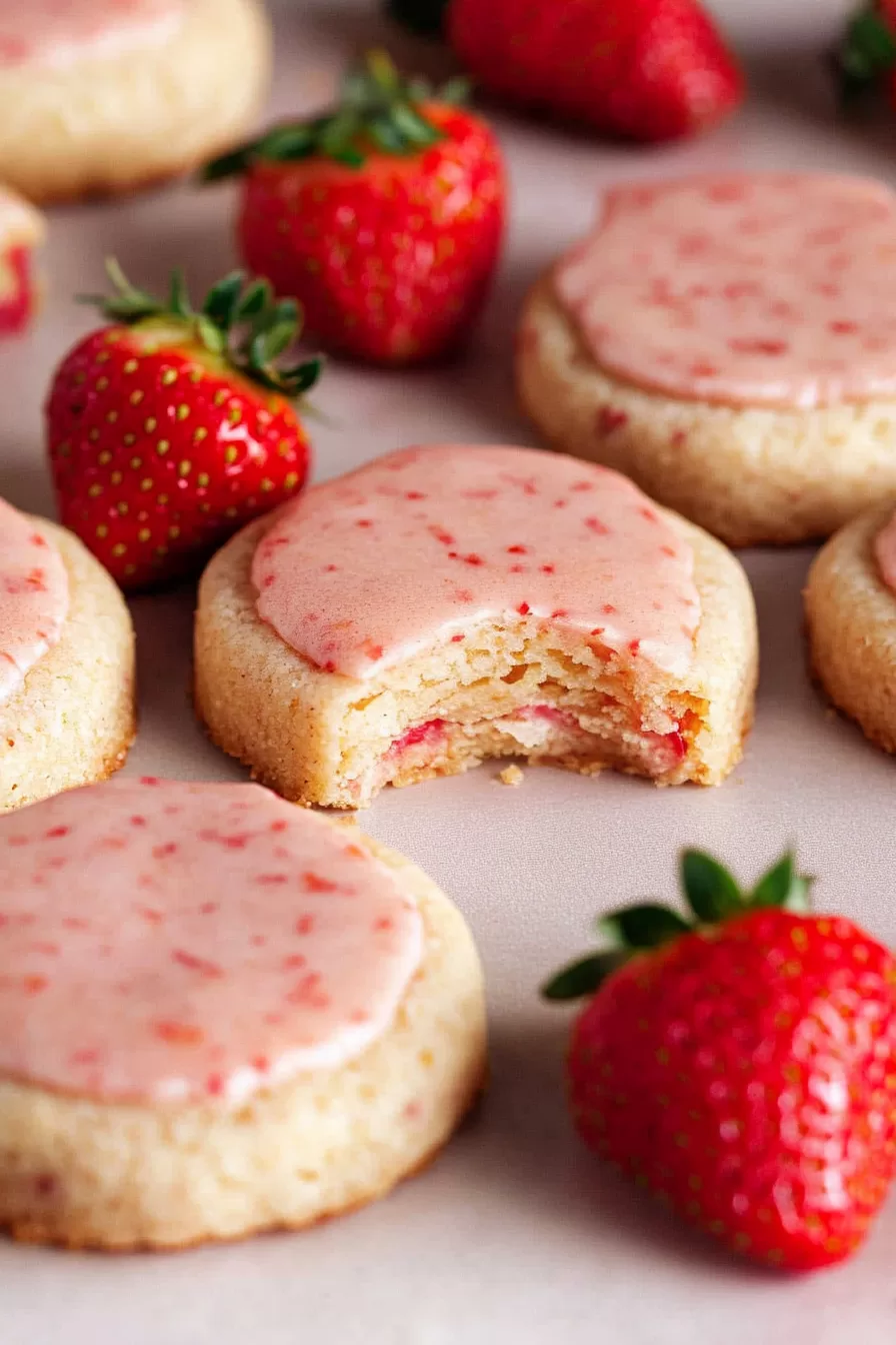 A bite taken from a strawberry shortbread cookie, showing the soft and crumbly interior alongside fresh strawberries.