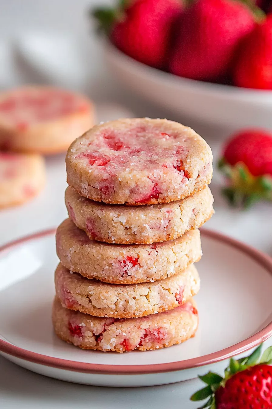 A close-up of buttery strawberry shortbread cookies stacked on a plate, highlighting their delicate crumb and vibrant strawberry pieces.