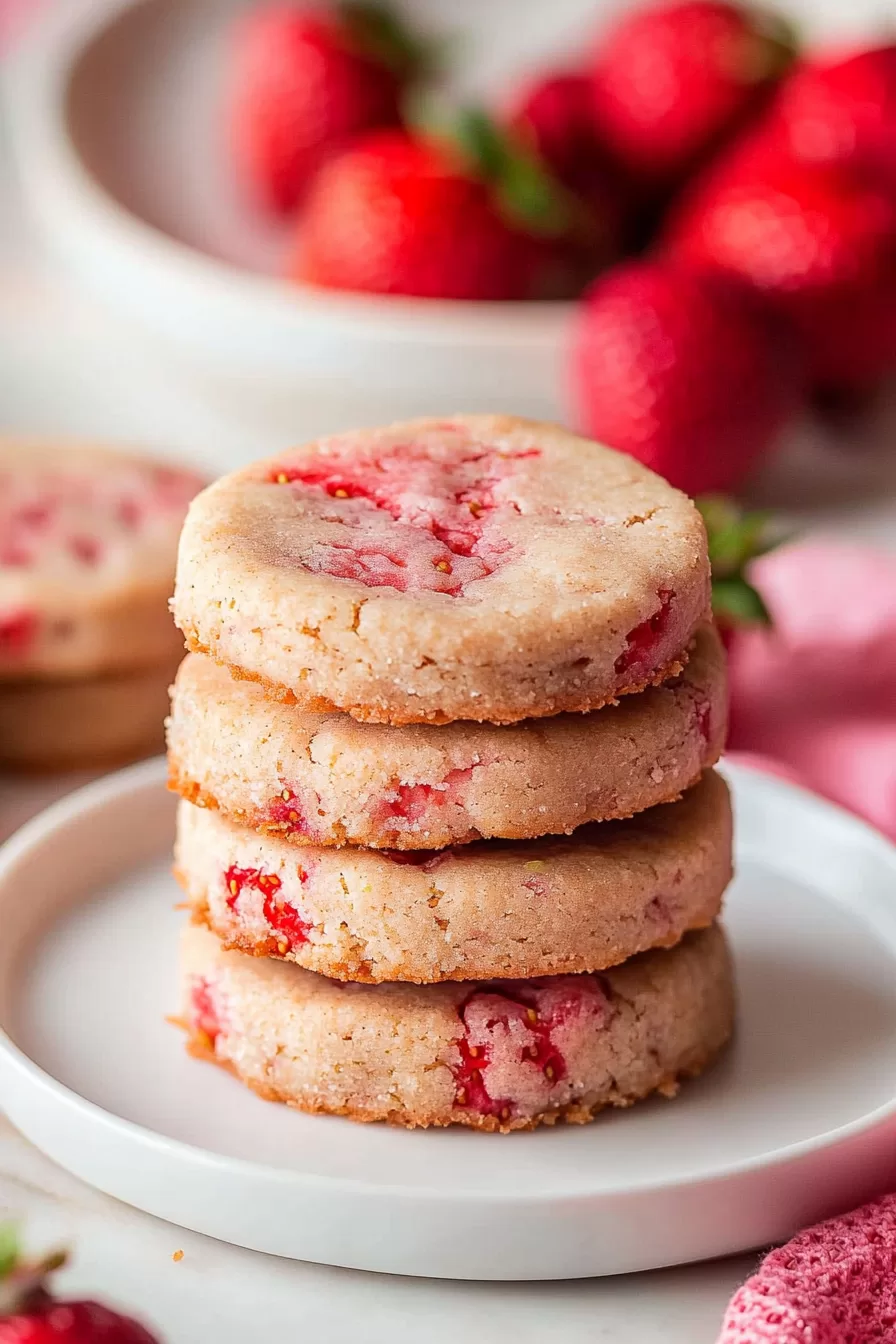 Freshly baked strawberry shortbread cookies arranged neatly on a plate, with bright red strawberries in the background for a pop of color.