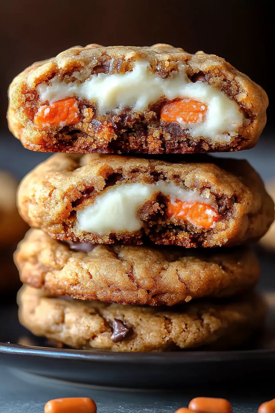 Close-up of a carrot cake cookie broken in half, revealing a creamy filling surrounded by vibrant orange bits.