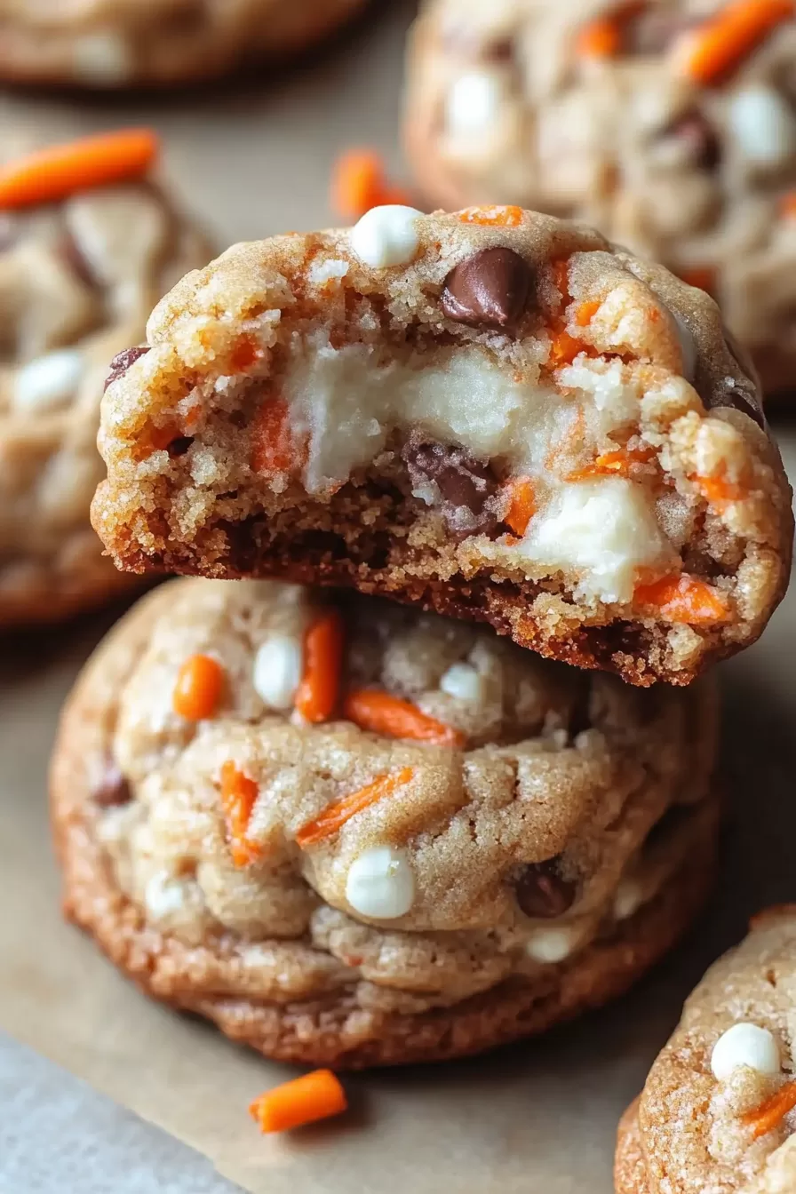 A single stuffed carrot cake cookie sitting on a plate, highlighting its golden texture and rich filling.