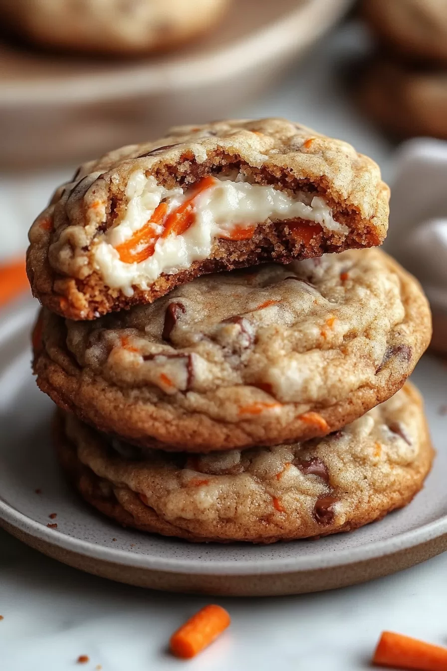 A stack of stuffed carrot cake cookies with gooey cream cheese filling spilling out from the center.