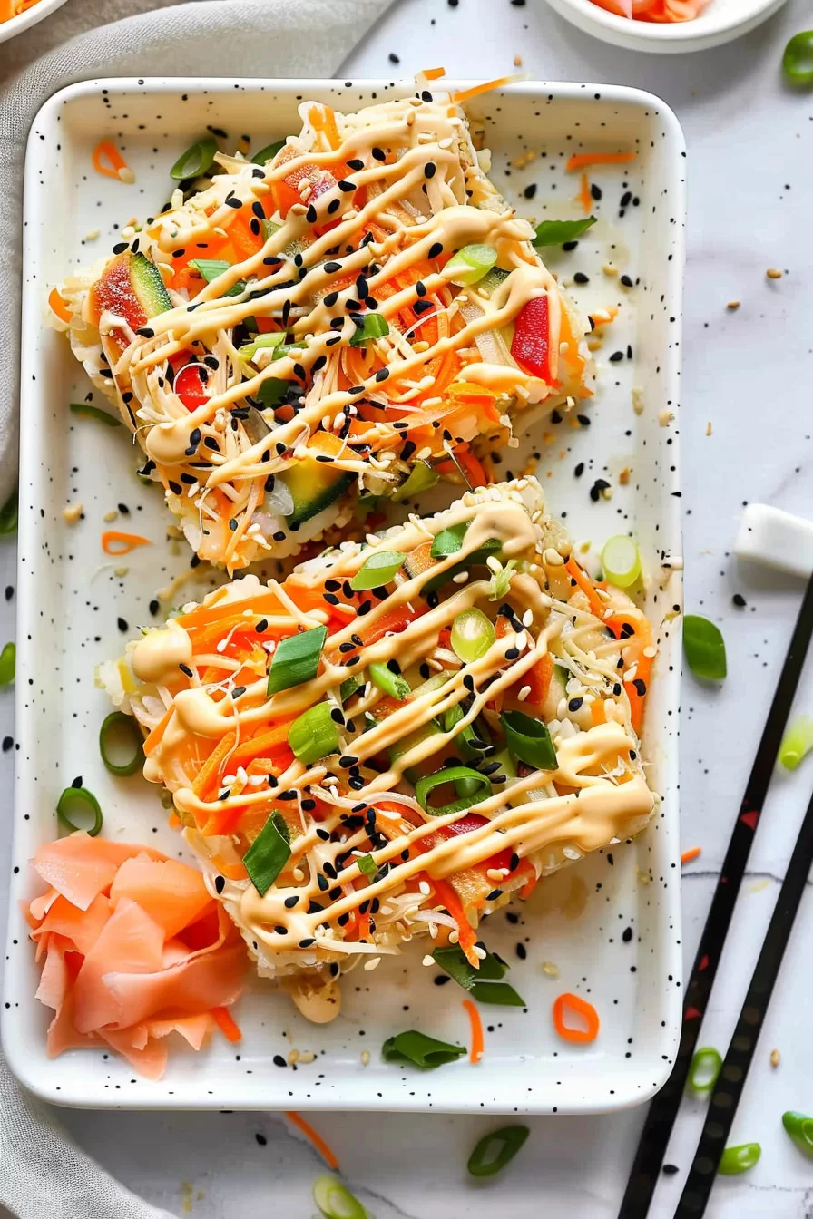 A close-up of colorful sushi bake slices garnished with green onions, sesame seeds, and a drizzle of spicy mayo, served on a speckled plate.