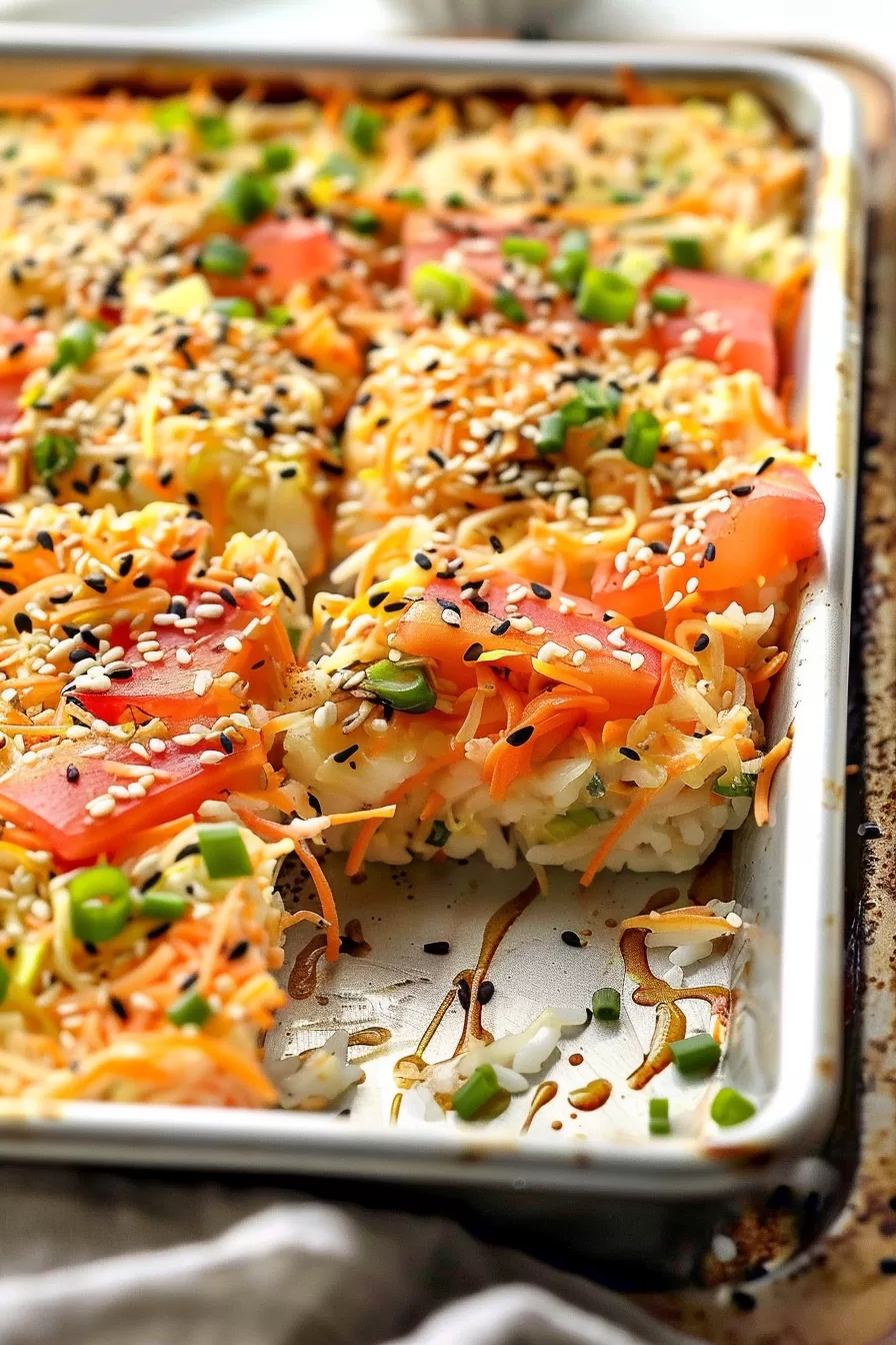 Sliced sushi bake showcasing its vibrant toppings and hearty layers of rice, vegetables, and spicy mayo.