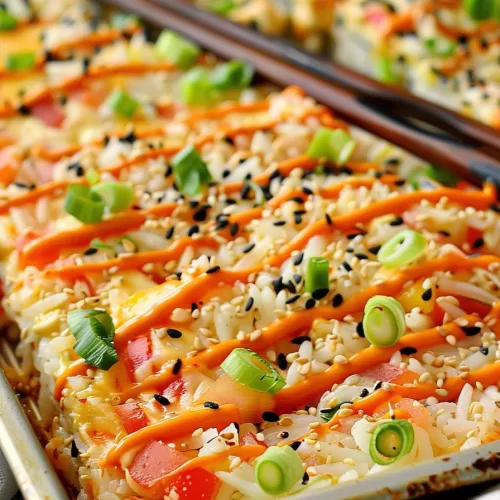 A baking tray of sushi bake, topped with shredded carrots, sesame seeds, and vibrant green onions, ready to serve.