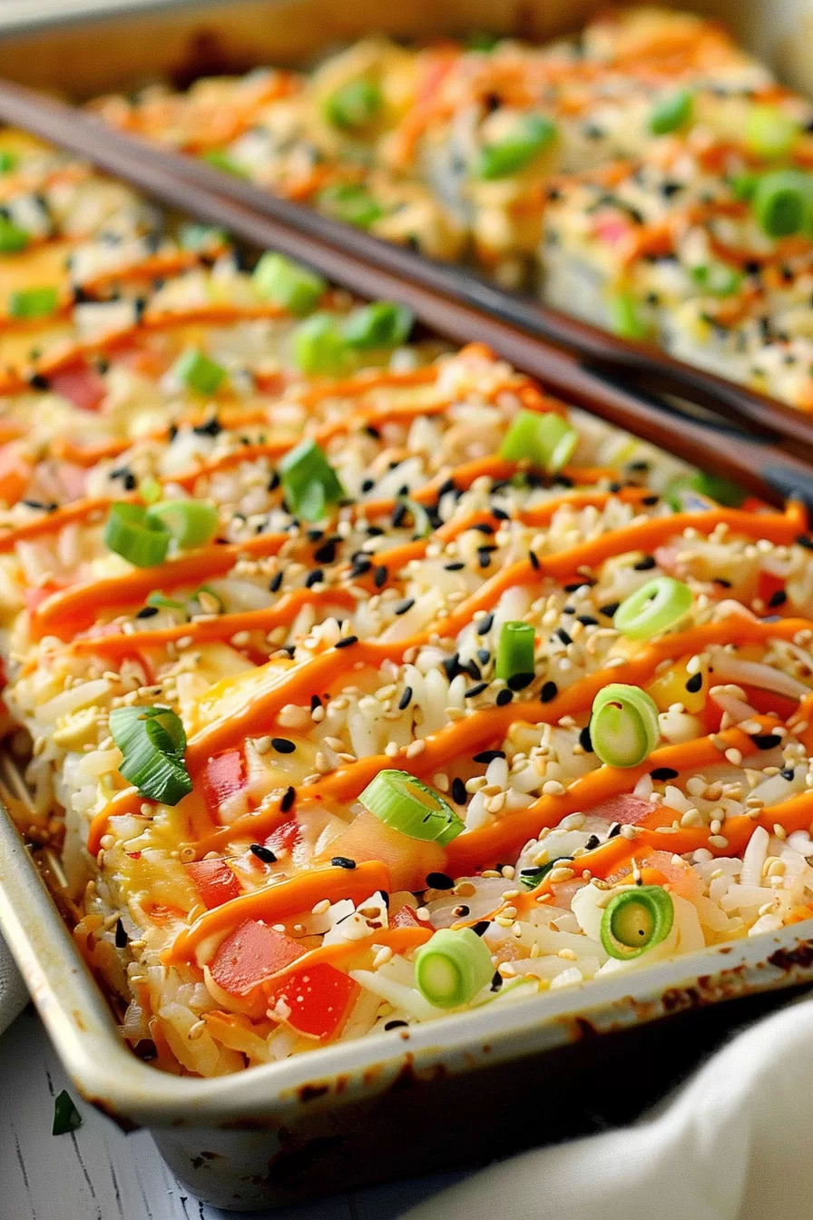 A baking tray of sushi bake, topped with shredded carrots, sesame seeds, and vibrant green onions, ready to serve.