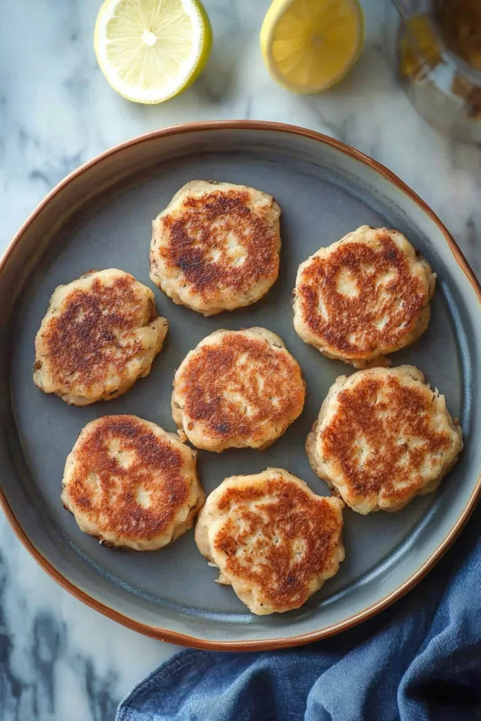 A plate of golden-brown tinned mackerel patties served with lemon wedges for garnish.