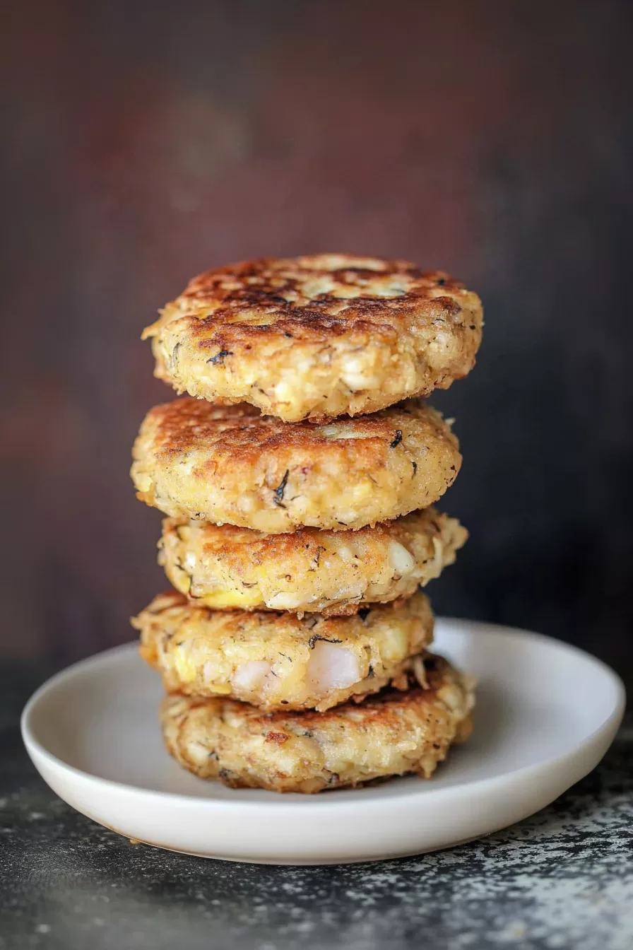 A stack of crispy mackerel patties on a plate, showcasing their perfectly seared edges.