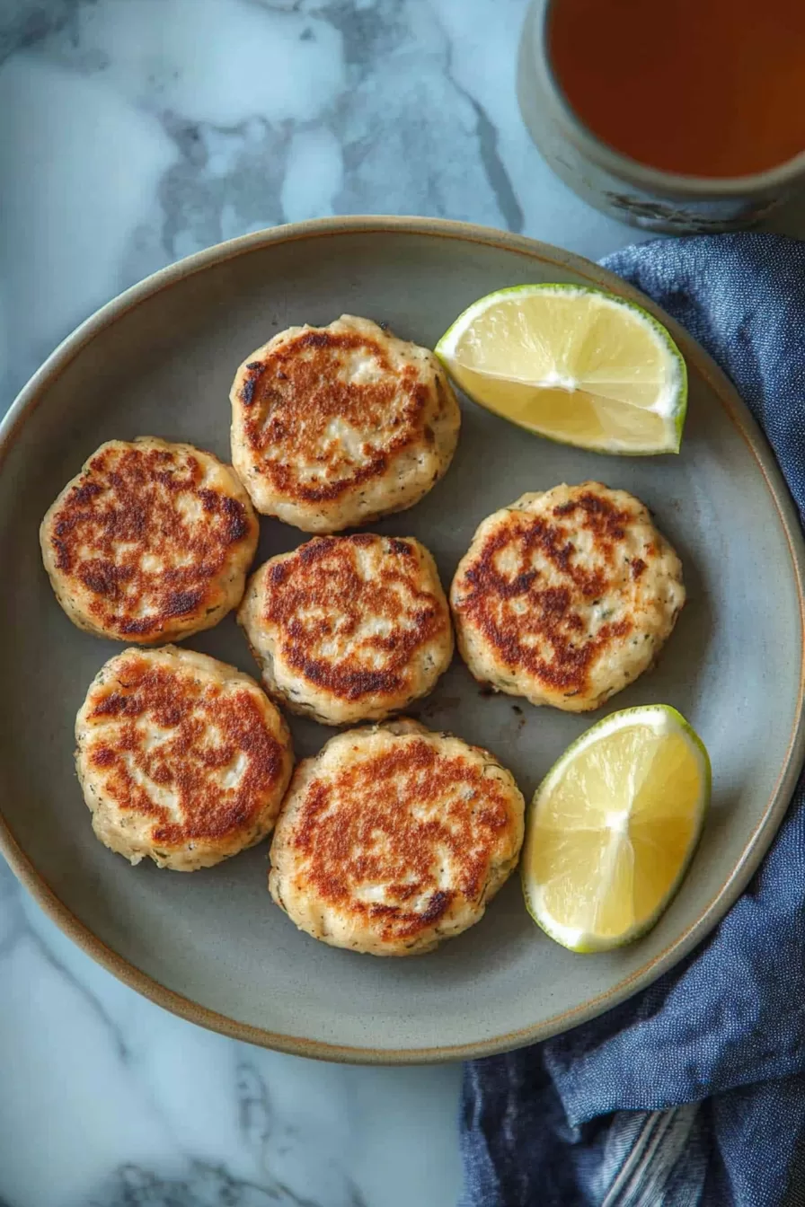 Tinned mackerel patties served with a tangy dipping sauce and lemon slices on a white plate.