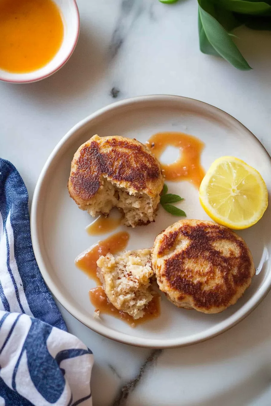 A table setting featuring freshly cooked mackerel patties paired with a drizzle of sauce for a finishing touch.