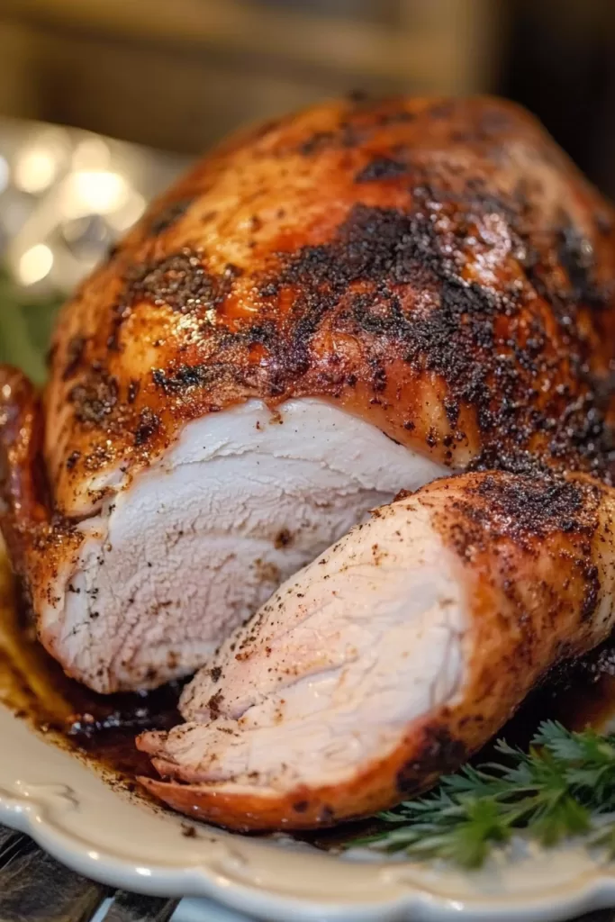 Close-up of juicy, golden-brown smoked turkey breast slices on a serving platter.