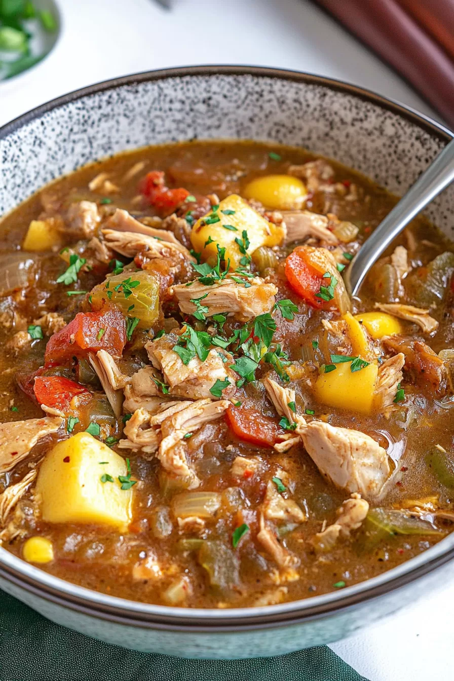 Close-up of hearty turkey stew in a speckled bowl, filled with tender turkey pieces, potatoes, carrots, and garnished with fresh parsley.