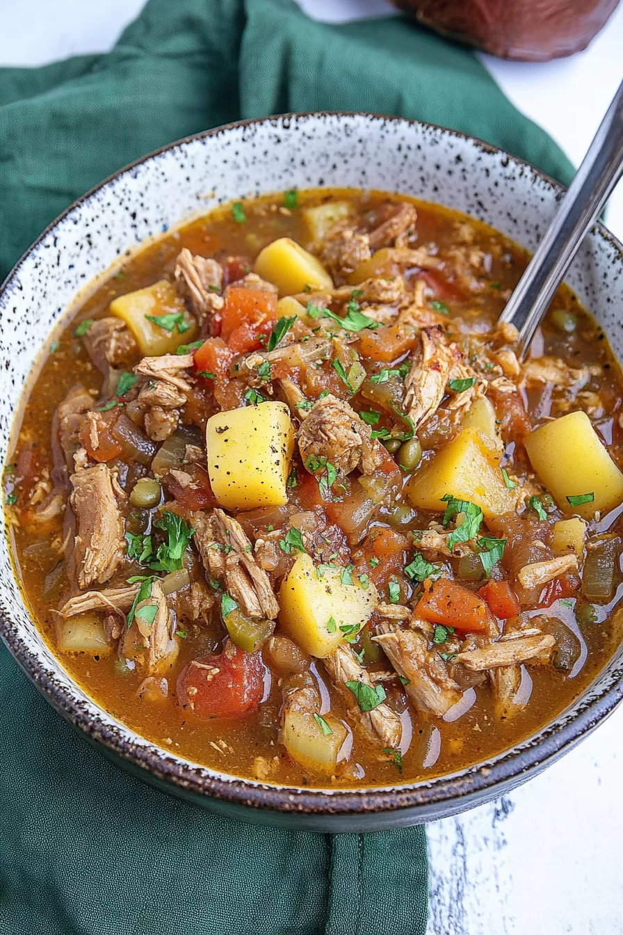 A bowl of homemade stew with turkey chunks, colorful vegetables, and a rich, savory broth, served with a spoon on a green napkin.