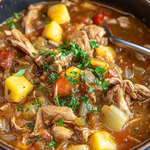 Comforting turkey and vegetable stew, showing vibrant yellow potatoes, carrots, and celery in a warm, flavorful broth topped with herbs.