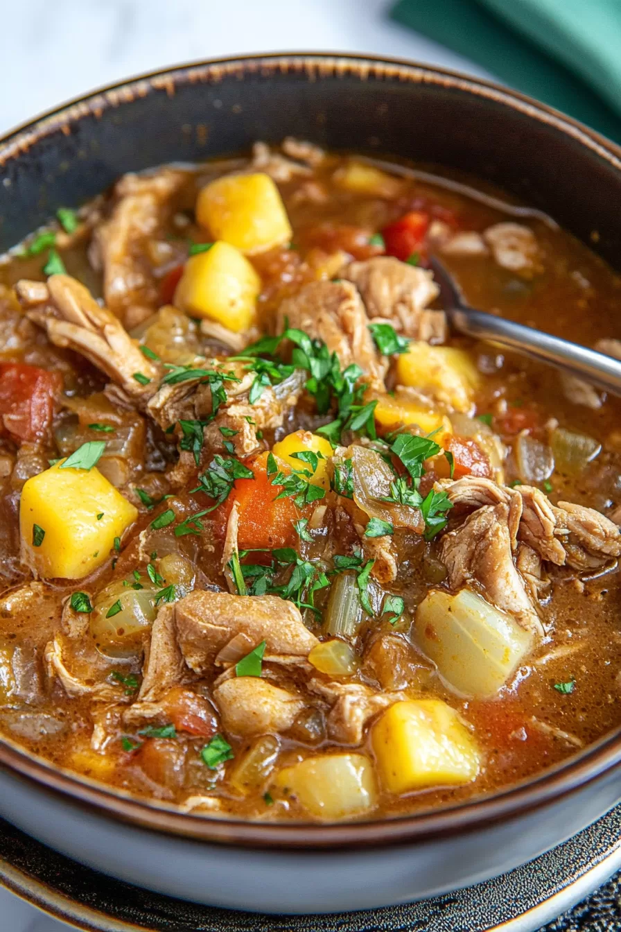 Comforting turkey and vegetable stew, showing vibrant yellow potatoes, carrots, and celery in a warm, flavorful broth topped with herbs.