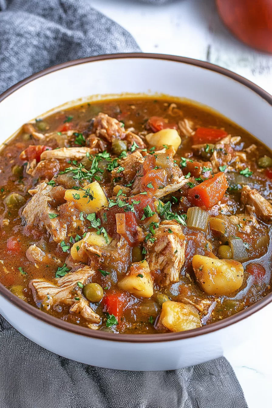 Overhead shot of a bowl of turkey stew with chunks of turkey, diced vegetables, and potatoes, garnished with parsley for a fresh finish.