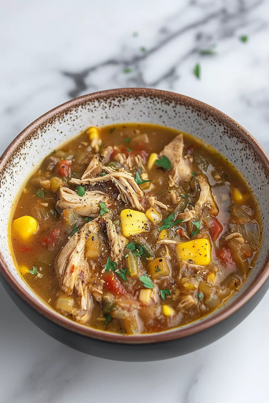 Rustic turkey stew served in a ceramic bowl, featuring tender meat, golden potatoes, and a rich broth, perfect for cozy meals.