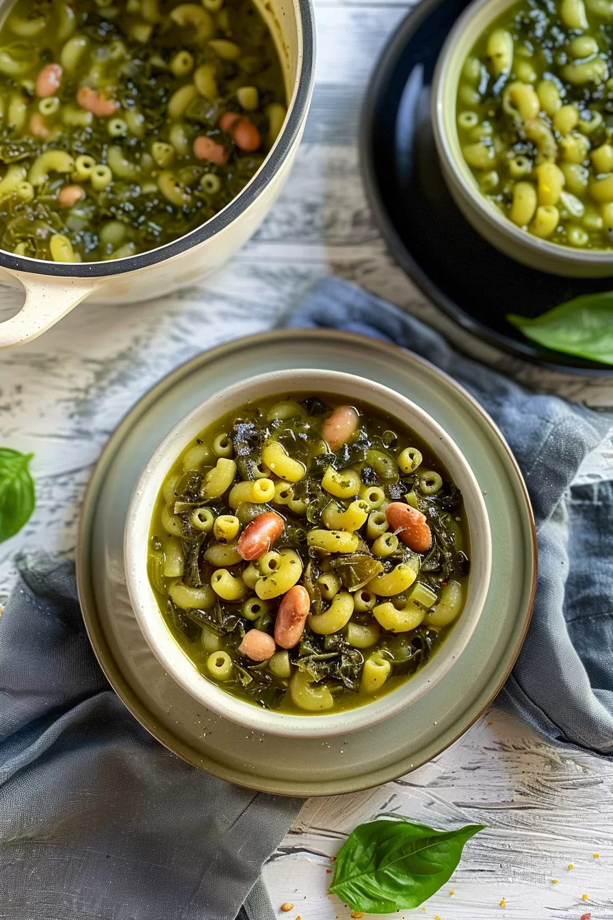 An overhead view of Turnip Green Soup with tender macaroni, beans, and turnip greens garnished with fresh herbs.