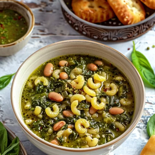 A close-up of a comforting bowl of Turnip Green Soup, featuring macaroni, beans, and vibrant greens in a rich broth.