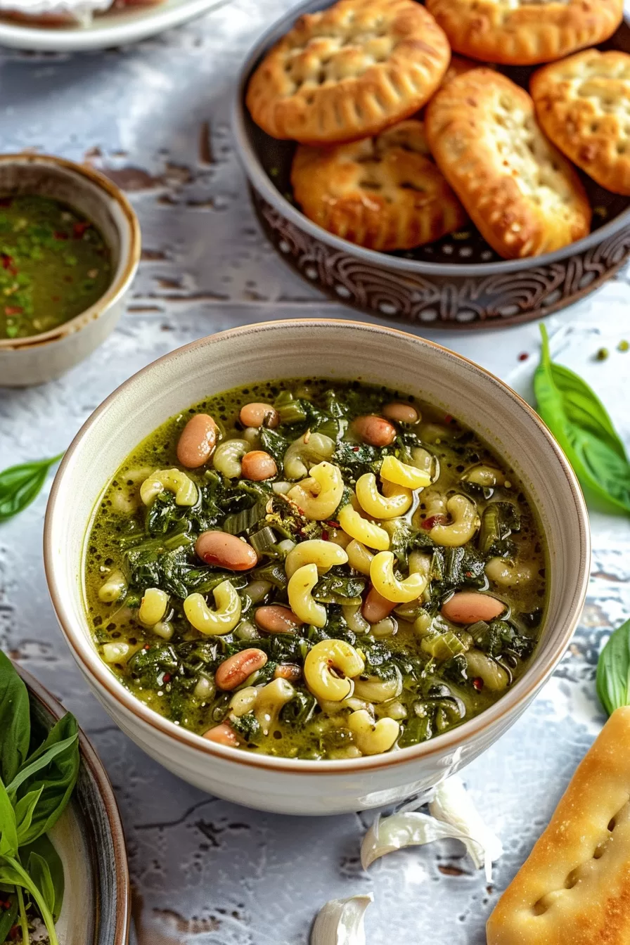 A close-up of a comforting bowl of Turnip Green Soup, featuring macaroni, beans, and vibrant greens in a rich broth.