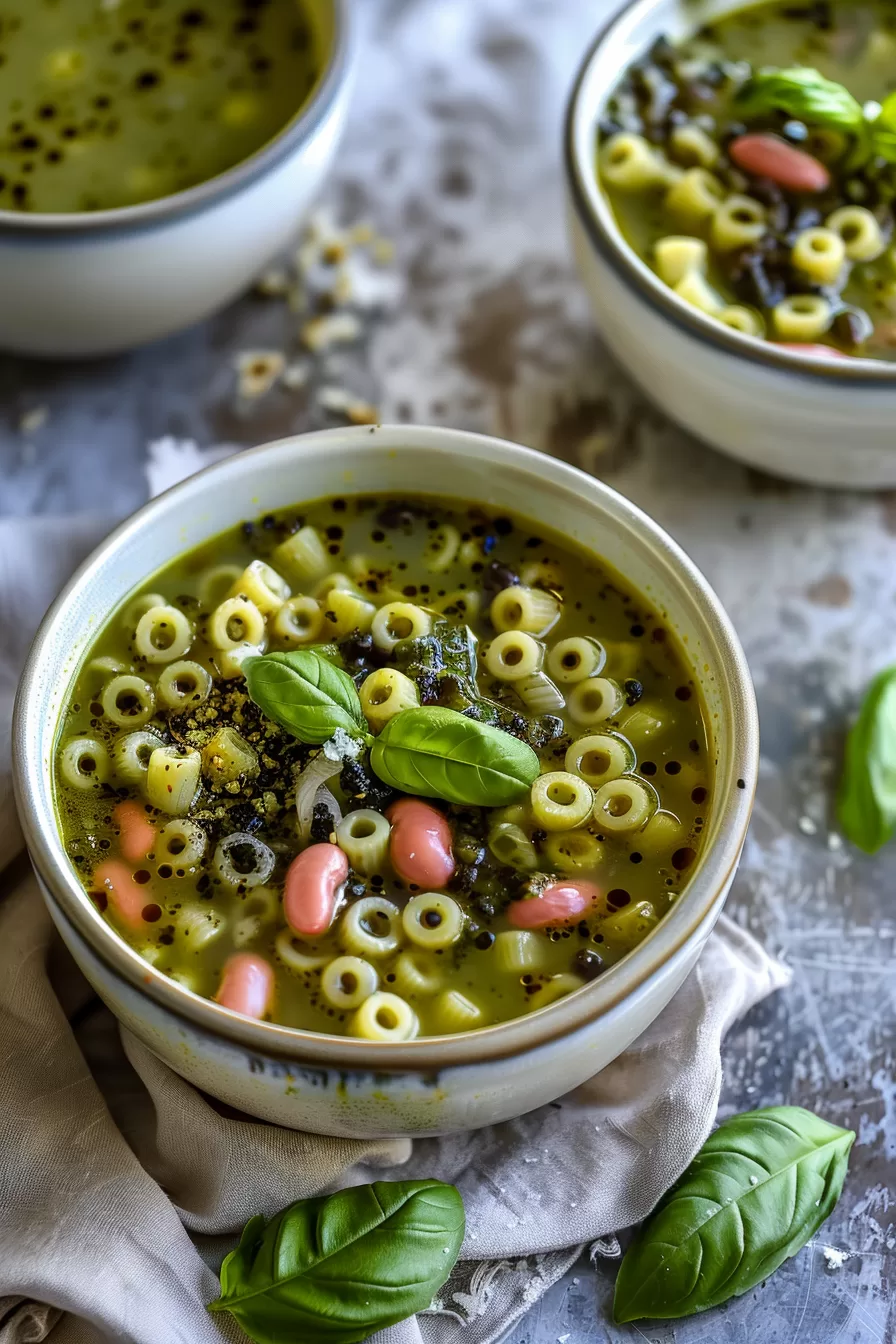 A cozy bowl of Swamp Soup with macaroni and beans, highlighted by a sprinkle of chili flakes and a basil leaf.