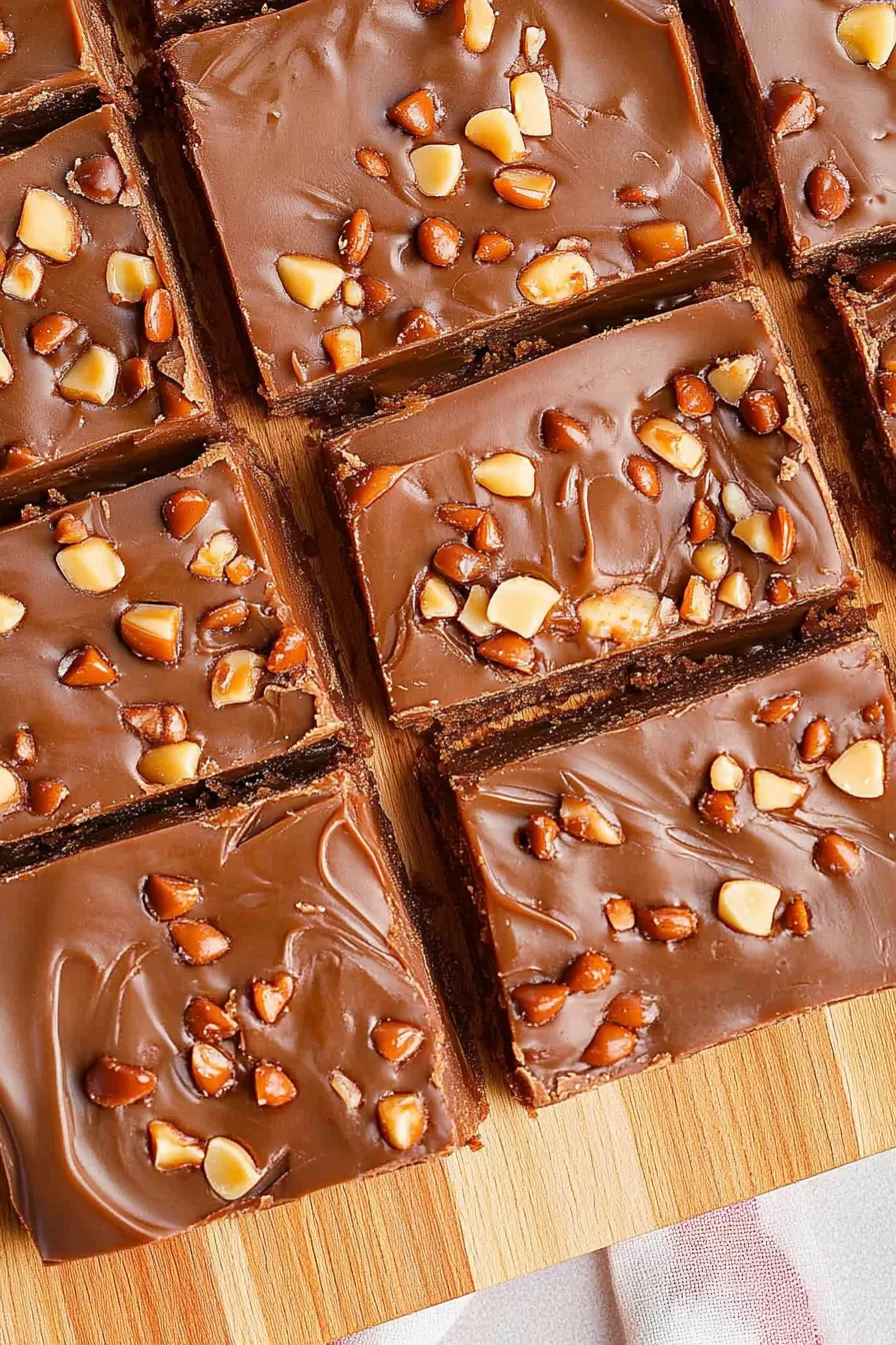 Sliced Turtle Fudge pieces showing gooey caramel and crunchy nut layers on a wooden serving board.